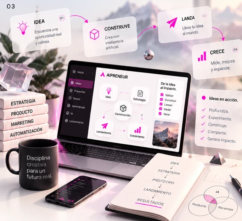 Escritorio creativo con un portátil que muestra el método AIPRENEUR y sus cuatro etapas: 01 Idea, encuentra una oportunidad real y valiosa; 02 Construye, crea con inteligencia artificial; 03 Lanza, lleva tu idea al mundo; 04 Crece, mide, mejora y expande.
