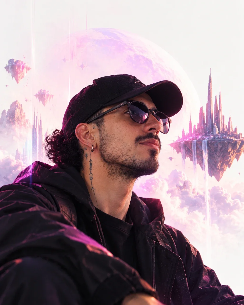 Julián Kether con gorra y gafas, mirando al horizonte frente a una ciudad flotante