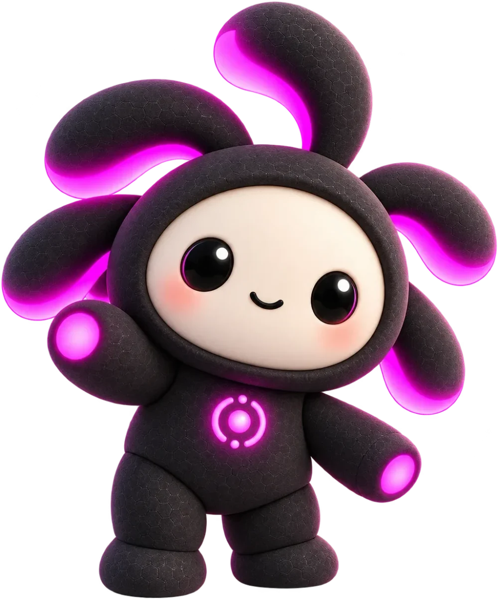 KAI, la mascota de KEIOS: un personaje oscuro de rostro crema, con luces magenta, que saluda